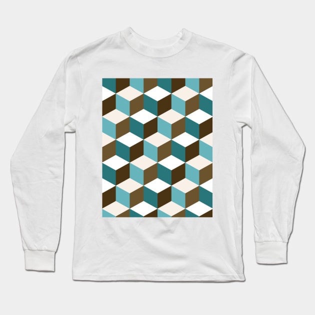 Cubes Teals Browns Cream White Long Sleeve T-Shirt by NataliePaskell